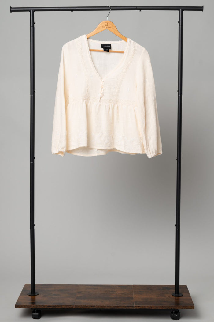 Cotton Gauze Embroidered Balloon Sleeve Blouse