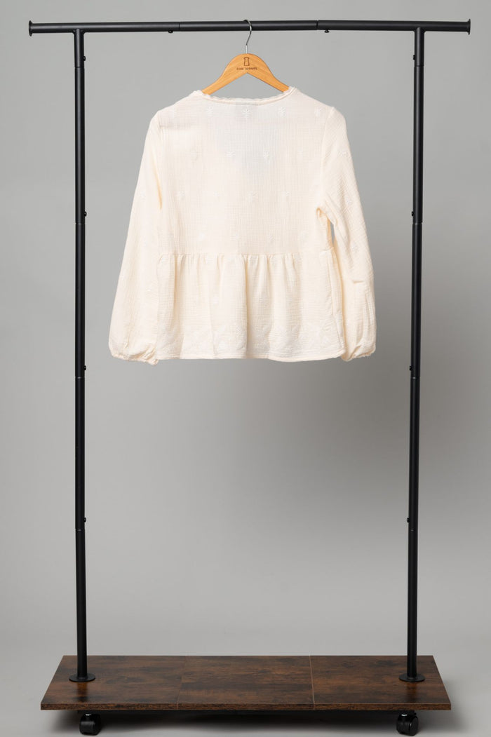 Cotton Gauze Embroidered Balloon Sleeve Blouse