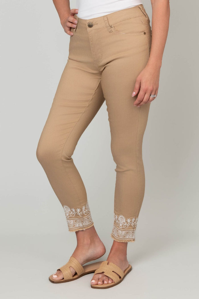 Khaki Fray Ankle Embroidered Pants
