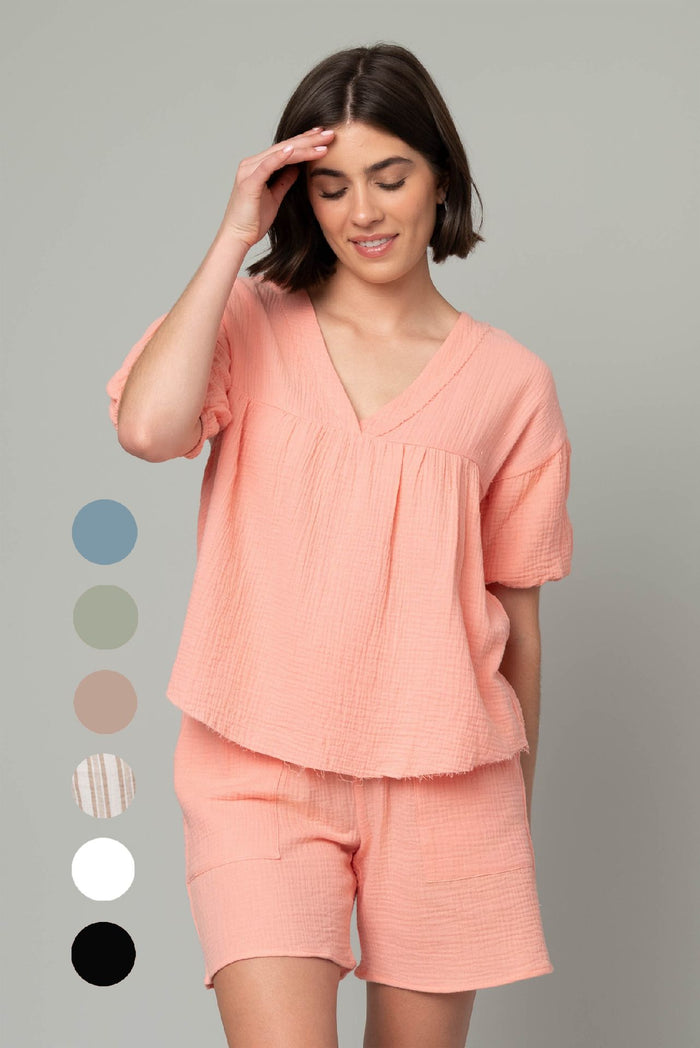 Airy Cotton Gauze V-Neck Puff Sleeve Top